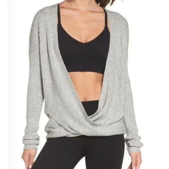 Zella Womens Front Cross Wrap Ribbed Yoga Deep V-Neck Light Grey Sweater Small - Picture 1 of 12